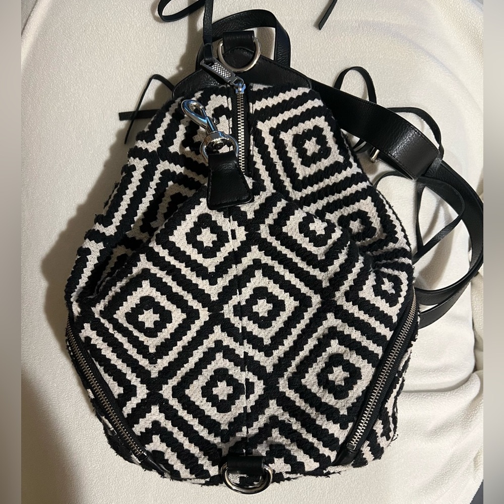 Rebecca Minkoff Julian Backpack B&W Woven Cotton - Picture 2 of 6